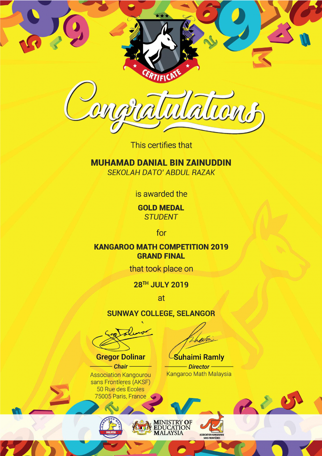 Awards and Certificates Kangaroo Math Malaysia